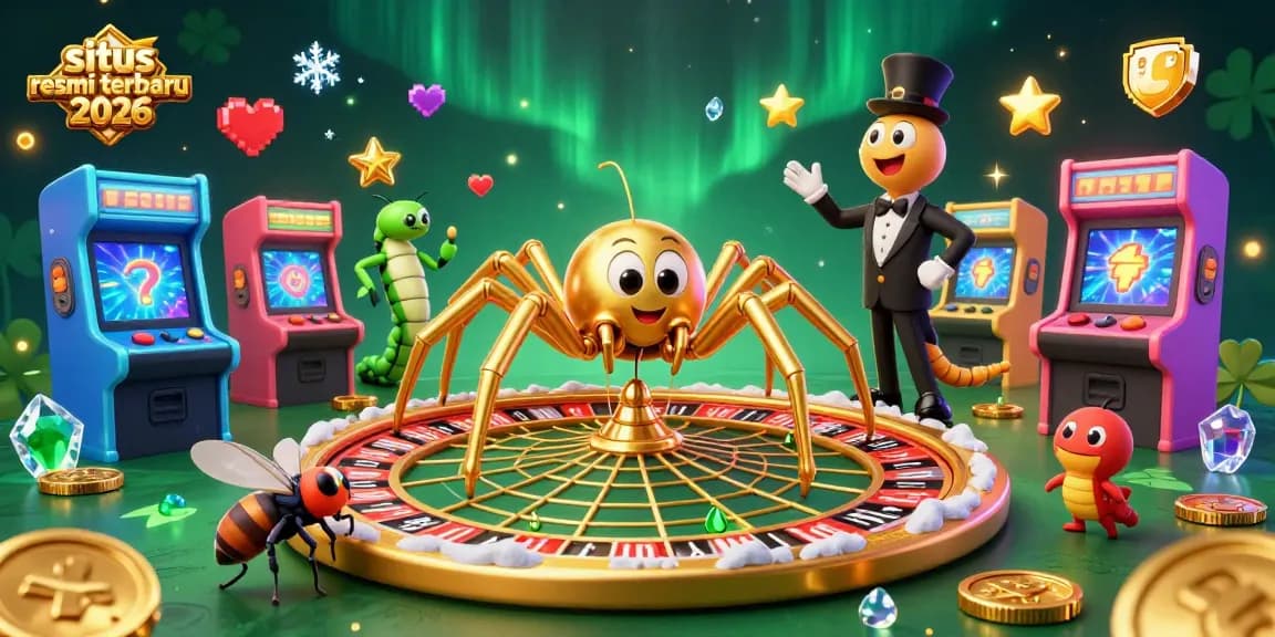 Gambar ilustrasi 3D yang menggambarkan situs resmi terbaru 2026 dengan karakter kasino yang dinamis dan menarik.