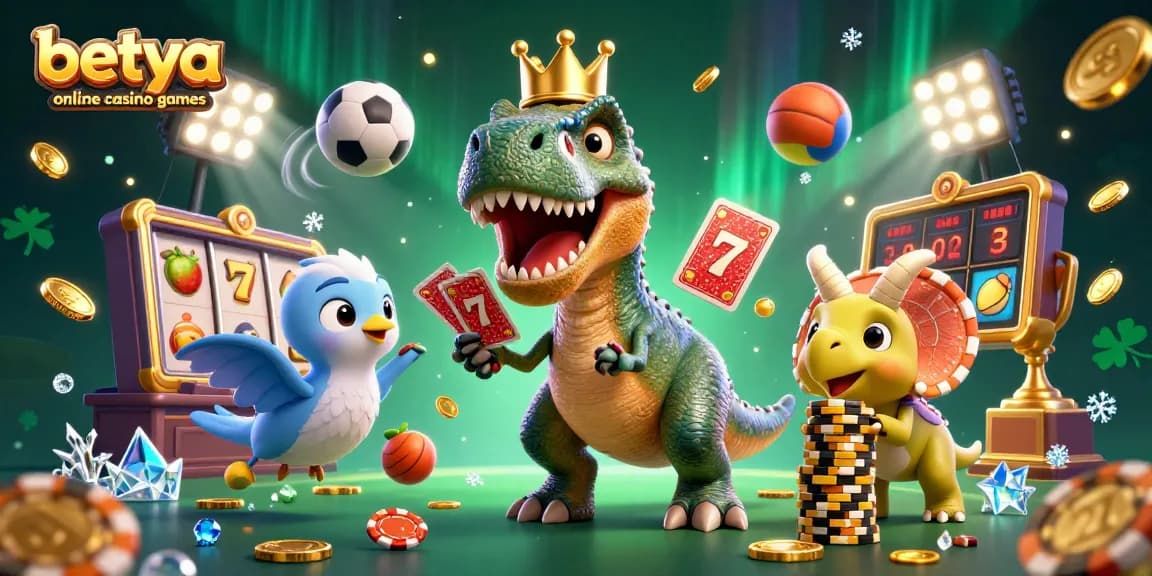 Experience betya online casino games with a playful scene of a T-Rex shuffling cards amidst vibrant gaming elements.