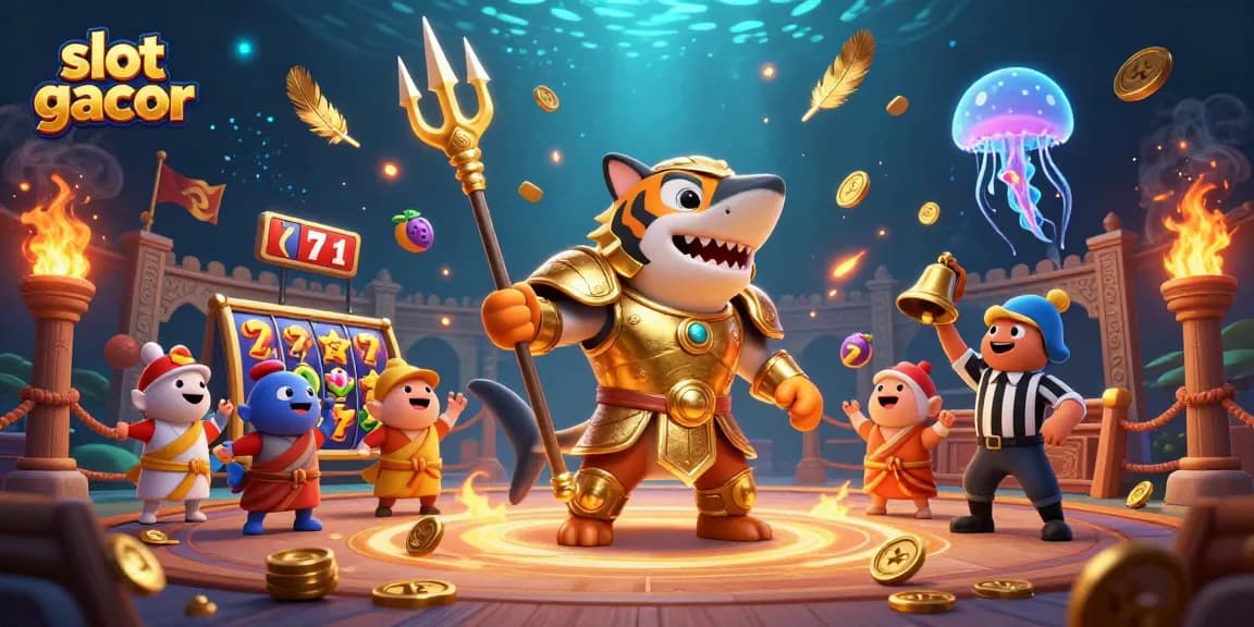 Experience thrilling slot gacor gameplay with a dynamic underwater scene featuring a golden shark warrior.