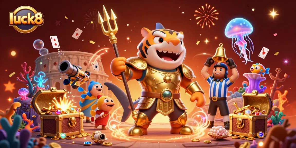 Experience luck8's thrilling underwater casino with a shark in armor and vibrant treasures.