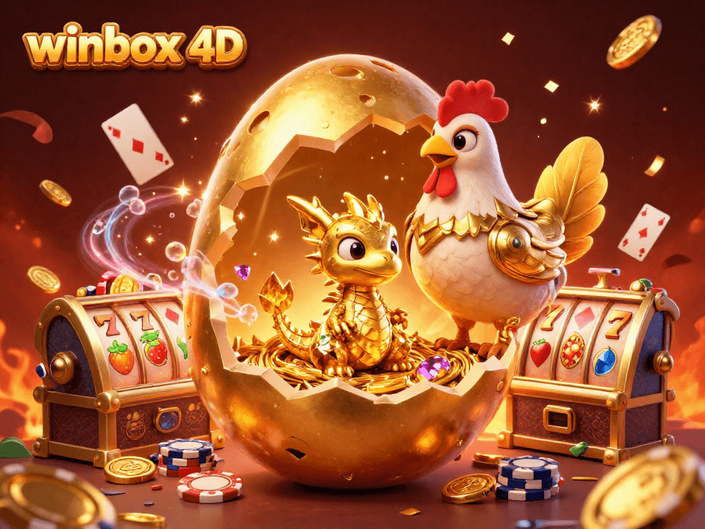 Winbox 4D features a golden egg cracking open to reveal treasures of poker chips and celebratory elements.