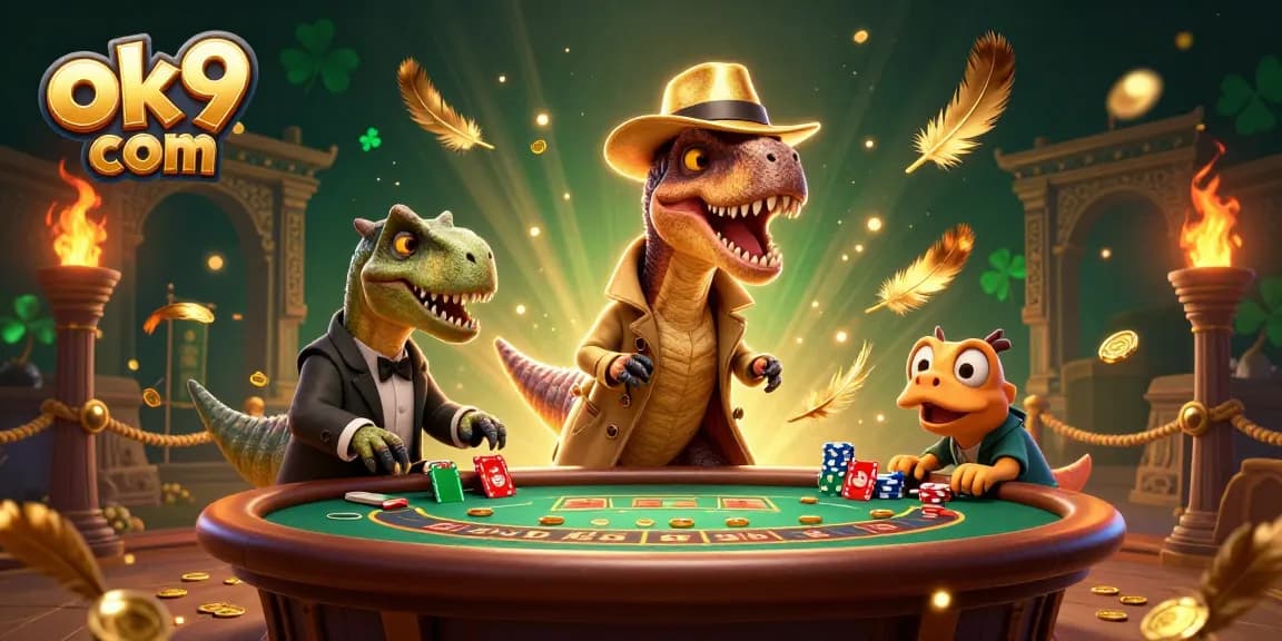 Gamblers compete at ok9 com blackjack table with vibrant casino atmosphere and playful characters.