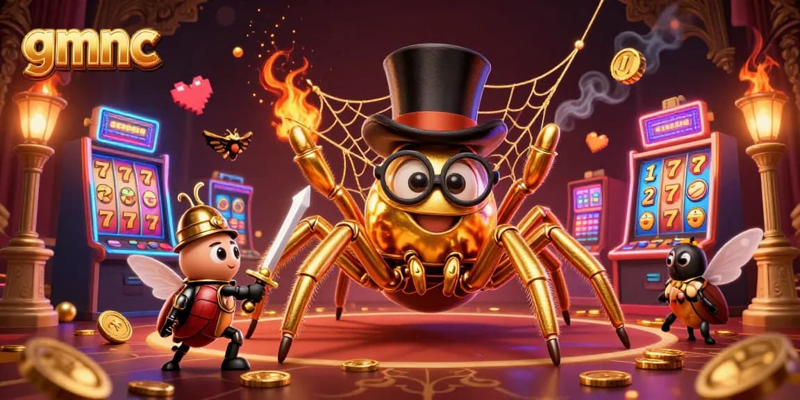 Catch thrilling action at gmnc with a golden tarantula and brave beetle knight in a dynamic casino scene.