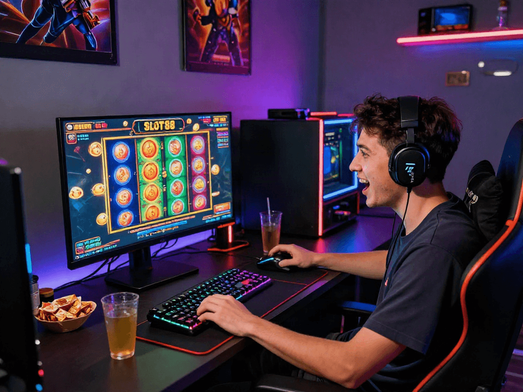 Exciting gamer enjoying slot88 on a vibrant HD monitor with colorful reels.