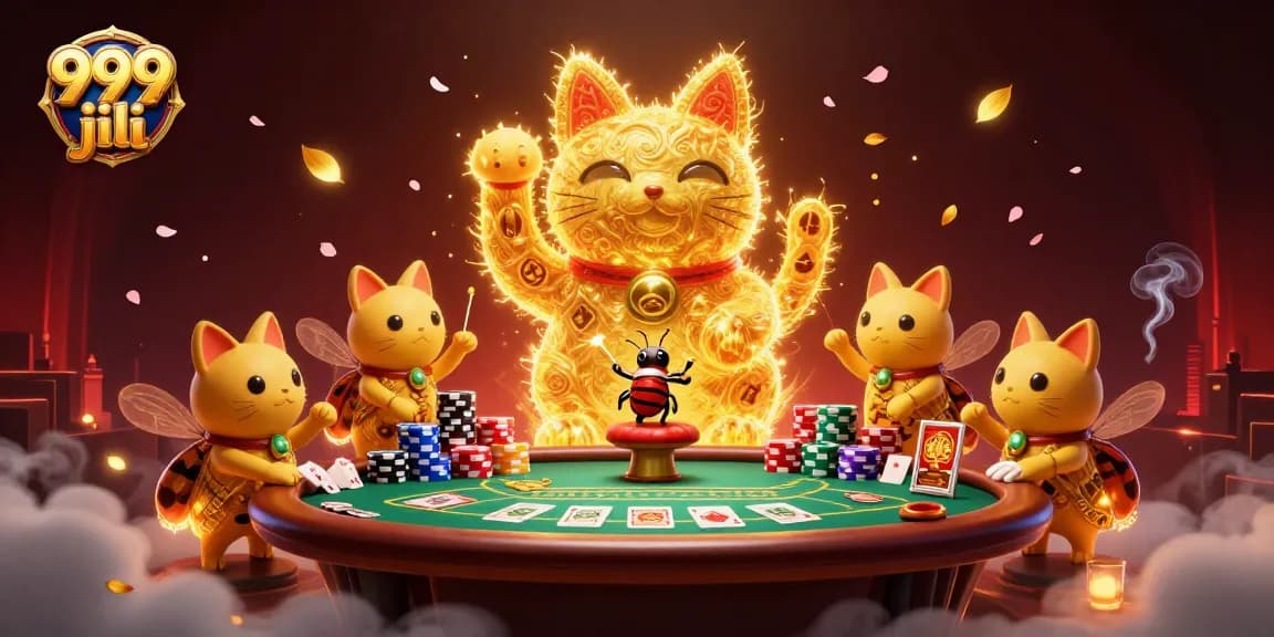 Experience the excitement of 999 jili with golden fireflies creating a lucky cat amidst poker elements.