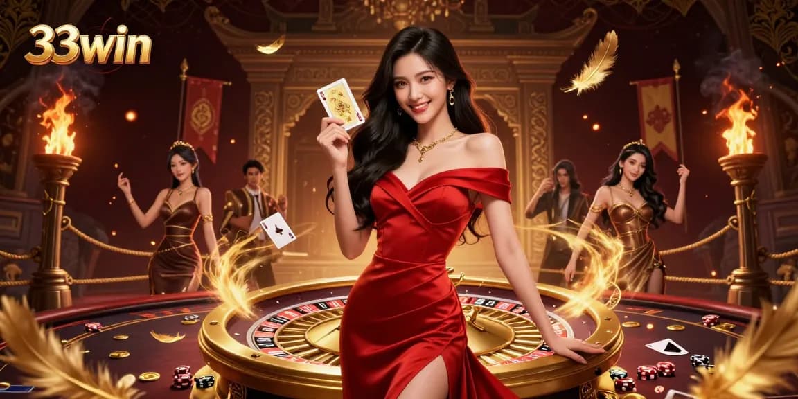 Experience the allure of 33win as players engage with a stunning woman at a golden roulette wheel.