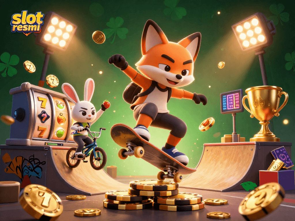 Win big with slot resmi at a dynamic casino-themed illustration showcasing vibrant, energetic characters.