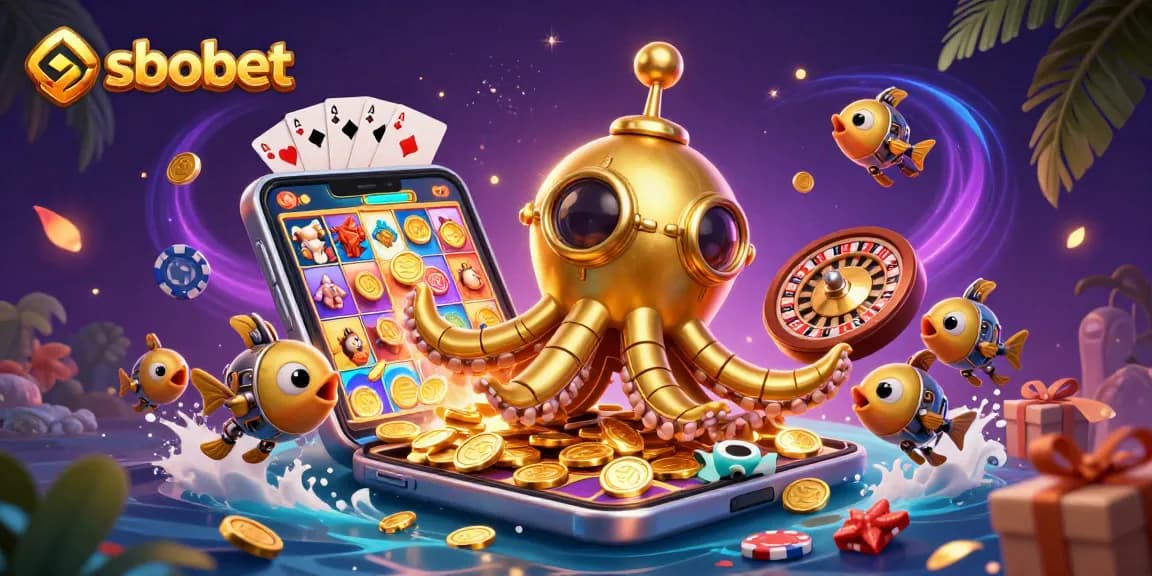 Experience thrilling sbobet action with a golden kraken submarine amidst games and coins.
