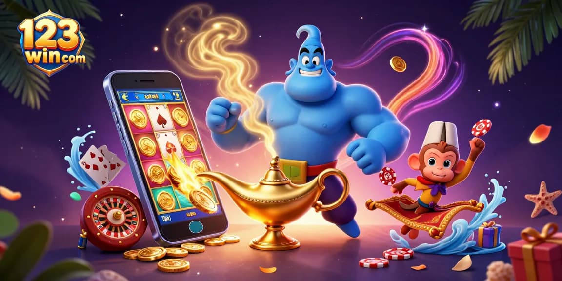Explore the excitement of 123win com with a vibrant 3D casino scene featuring a genie, poker chips, and slot games.