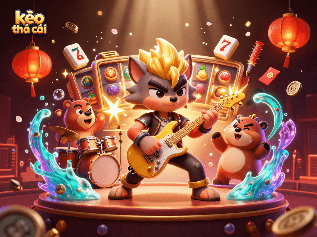 Experience kèo nhà cái with this vibrant 3D casino illustration featuring a rock star wolf and dynamic game elements.