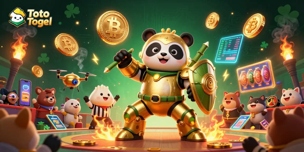 Toto Togel memperlihatkan panda emas mech dalam robot tempur dengan elemen kasino yang menarik dan penuh aksi.