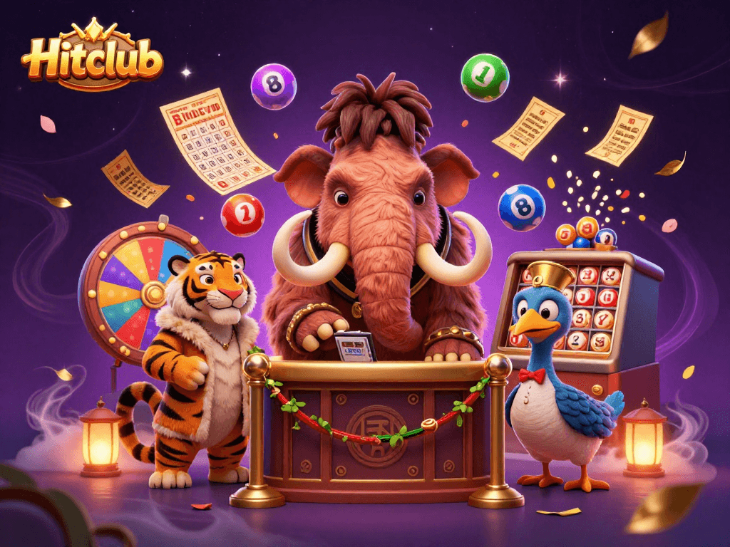 Hitclub's vibrant lottery scene depicting a mammoth bouncer and a saber-tooth guest amidst colorful lottery elements.