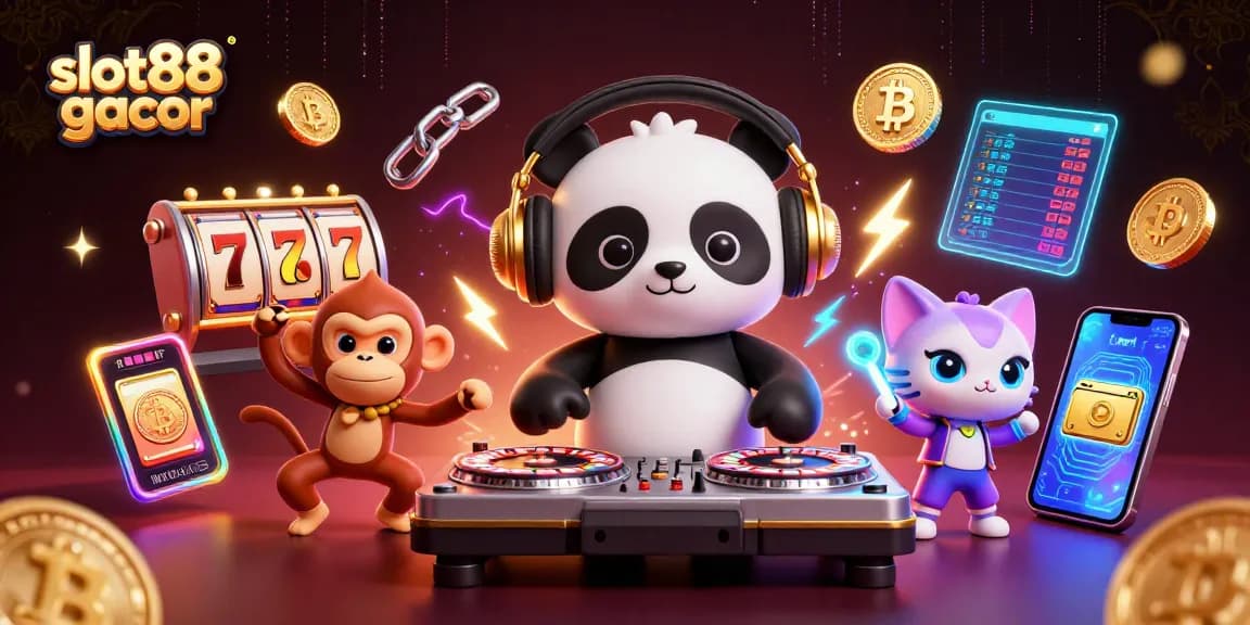 Bermain slot88 gacor dengan DJ panda, monyet breakdance, dan kucing rave pada ilustrasi kasino holografik.