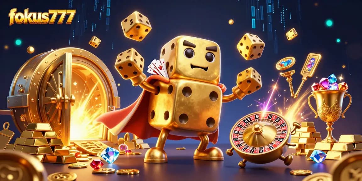 Experience the excitement of fokus777 with a dazzling golden dice golem and a treasure-filled backdrop.