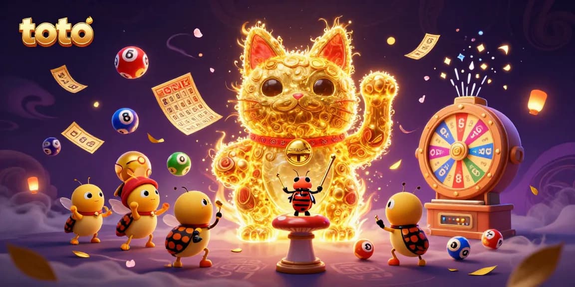 Experience the thrill of toto gaming with a vibrant, animated lucky cat and colorful casino symbols.