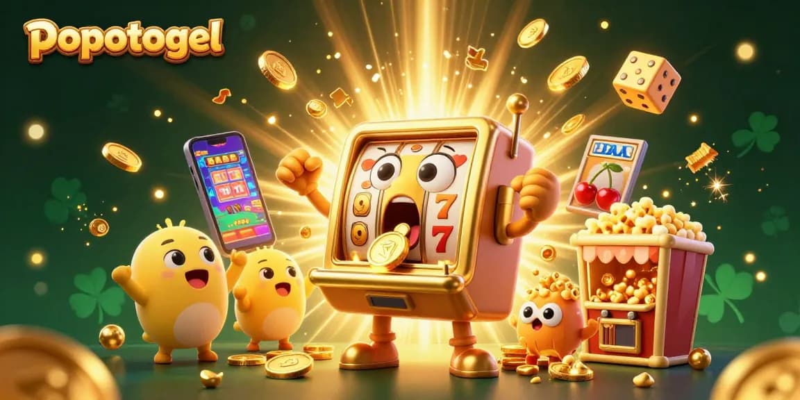 Experience popotogel excitement as golden slot machines celebrate jackpots with confetti and coins.