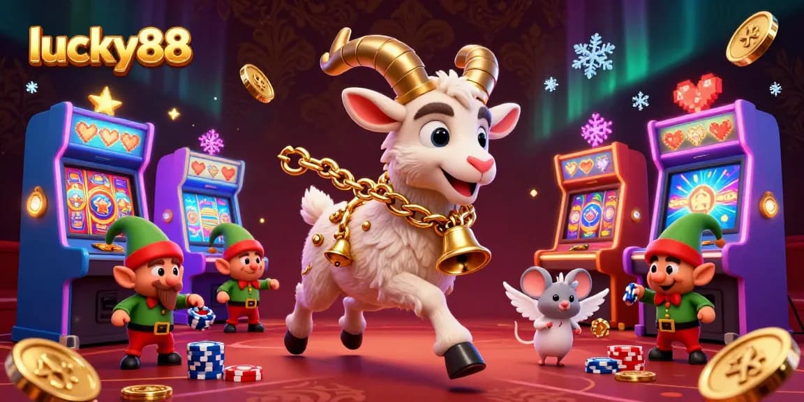 Spin the reels at lucky88 casino showcasing vibrant slot machines and mischievous elf gremlins.
