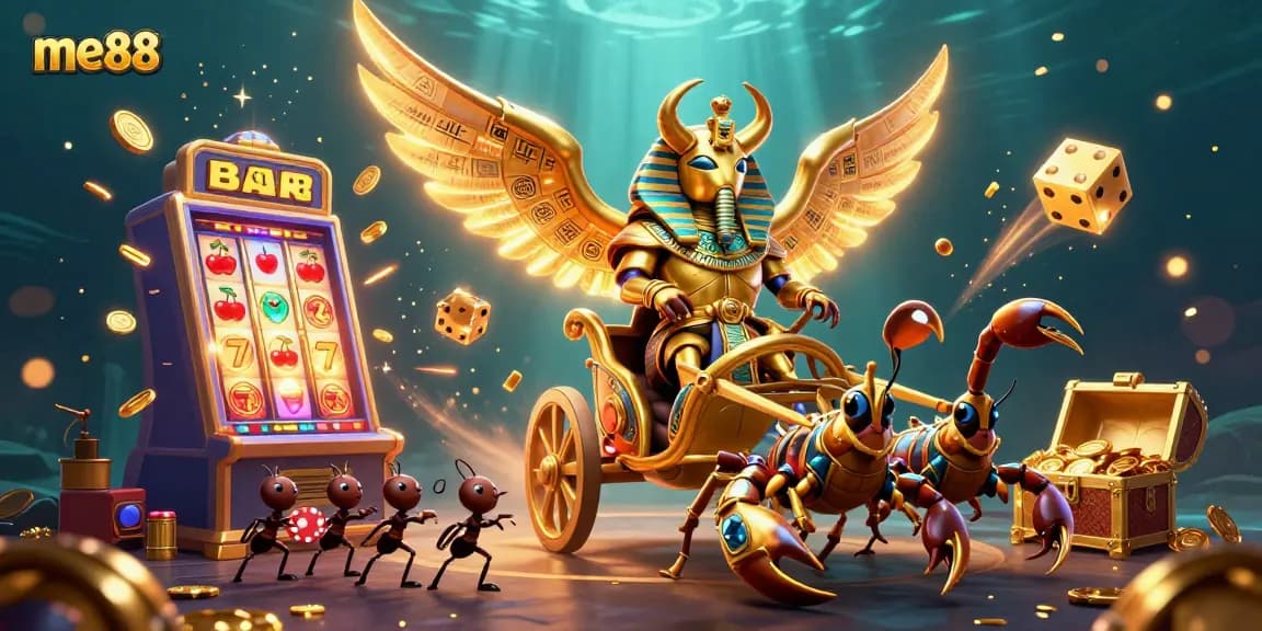 Experience thrilling gameplay with me88's colossal scarab beetle and dynamic casino elements.