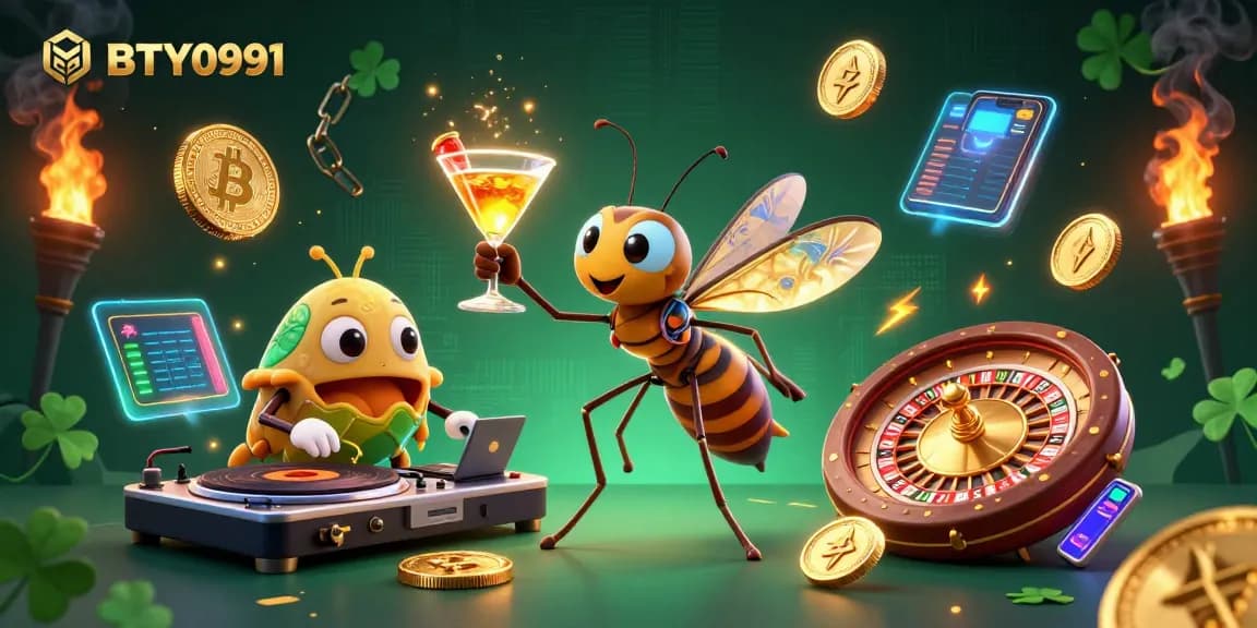 BTY0991 casino mascot brings excitement with golden cocktails and blockchain elements in a vibrant scene.