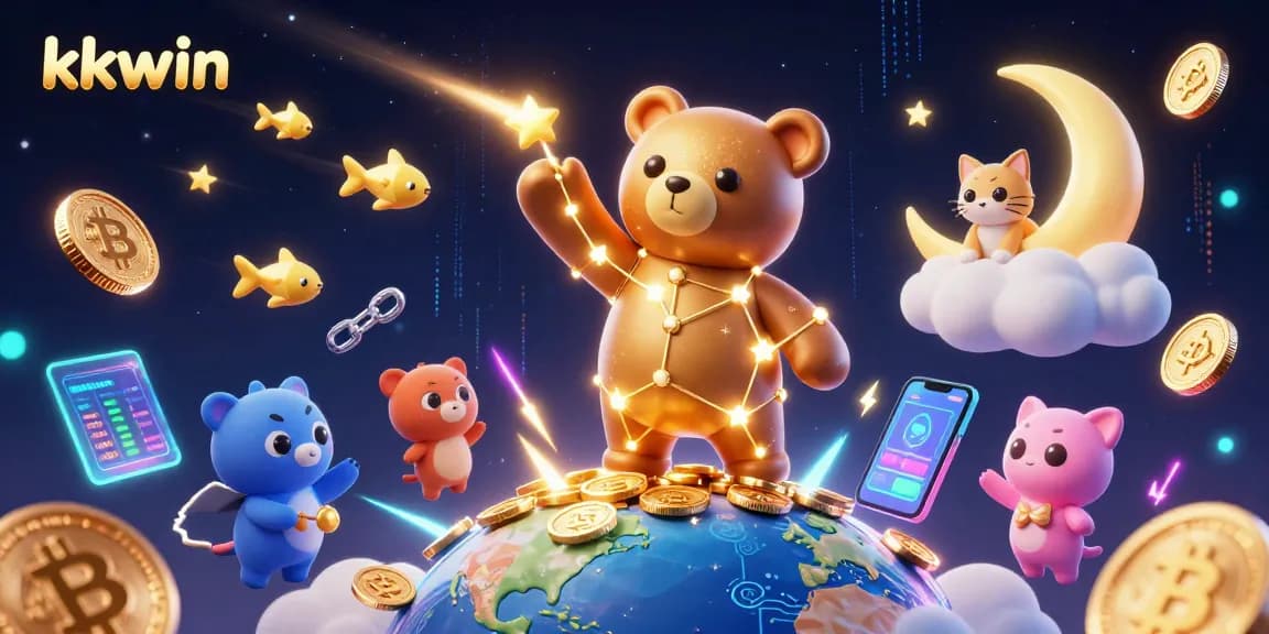 Play and win with kkwin as the constellation bear scoops up gold coins in a vibrant casino world.