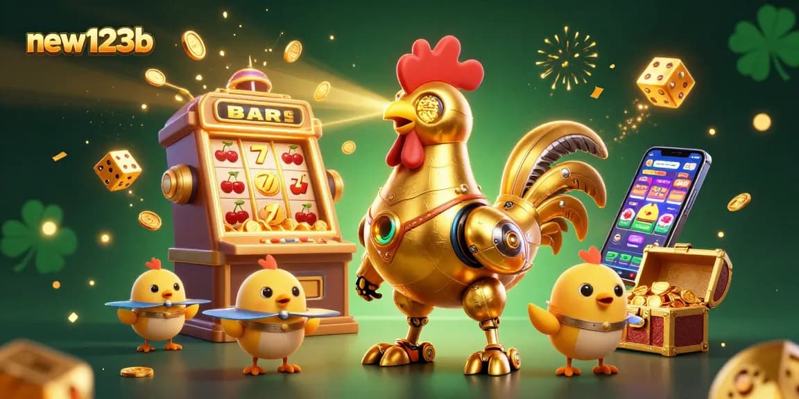 Play with excitement at new123b, as a golden rooster robot and baby chick drones celebrate a jackpot moment!