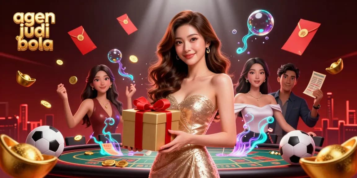 A dynamic scene showcasing agen judi bola with a gorgeous Asian woman in a gold dress holding coins, sports elements, and vibrant casino atmosphere.