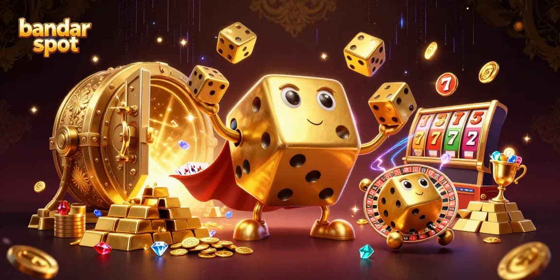 Visualisasikan bandar slot yang berwarna emas, menampilkan harta permainan dan kesenangan kasino yang memukau