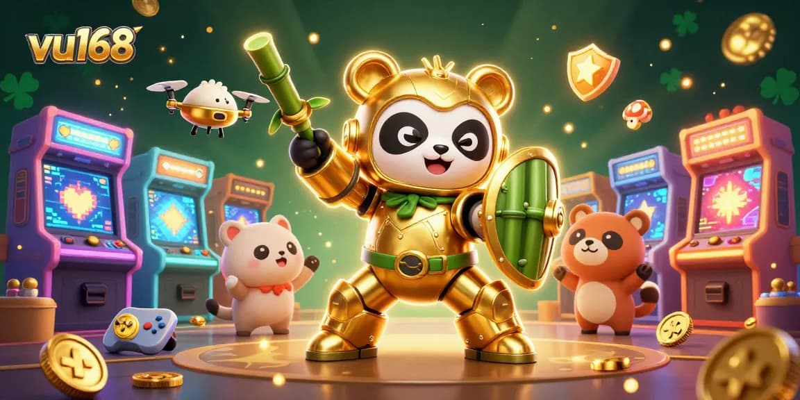 Experience thrilling gameplay at vu168 with a dynamic cartoon panda robot amidst colorful arcade gaming elements.