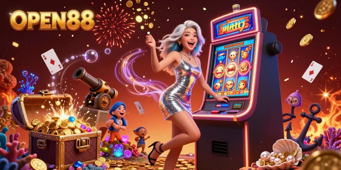 Experience the exciting world of OPEN88 with a celebratory Asian woman by a jackpot slot machine amidst vibrant casino elements.