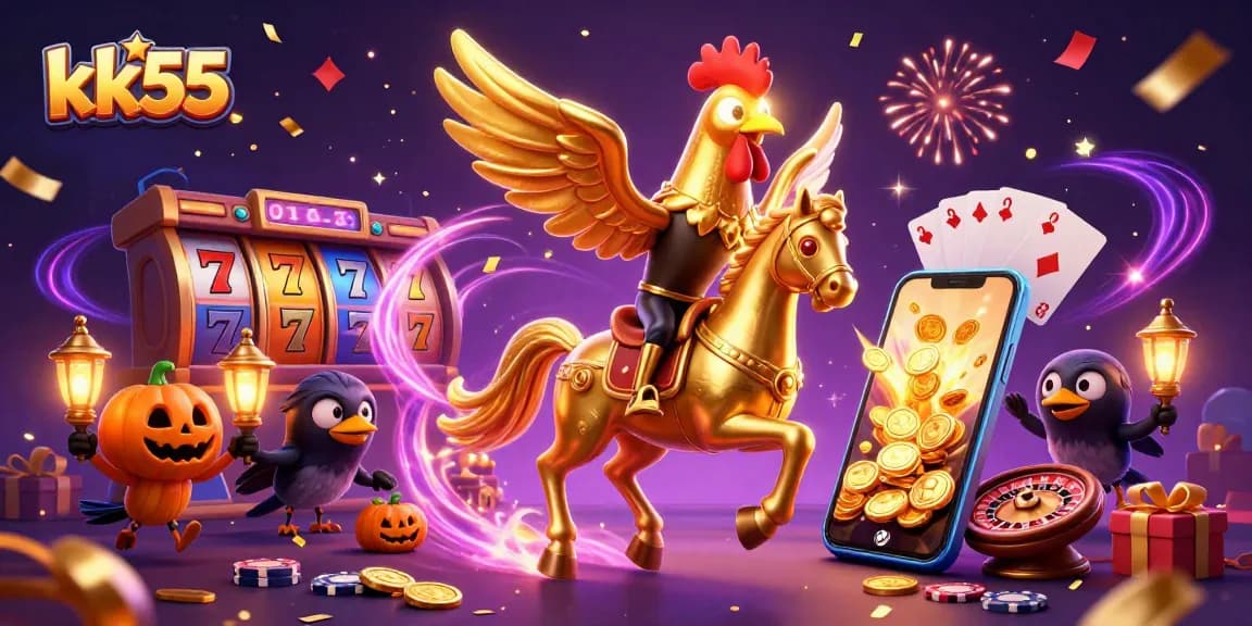 Experience the dynamic kk55 casino scene with a golden rooster and vibrant slot games.