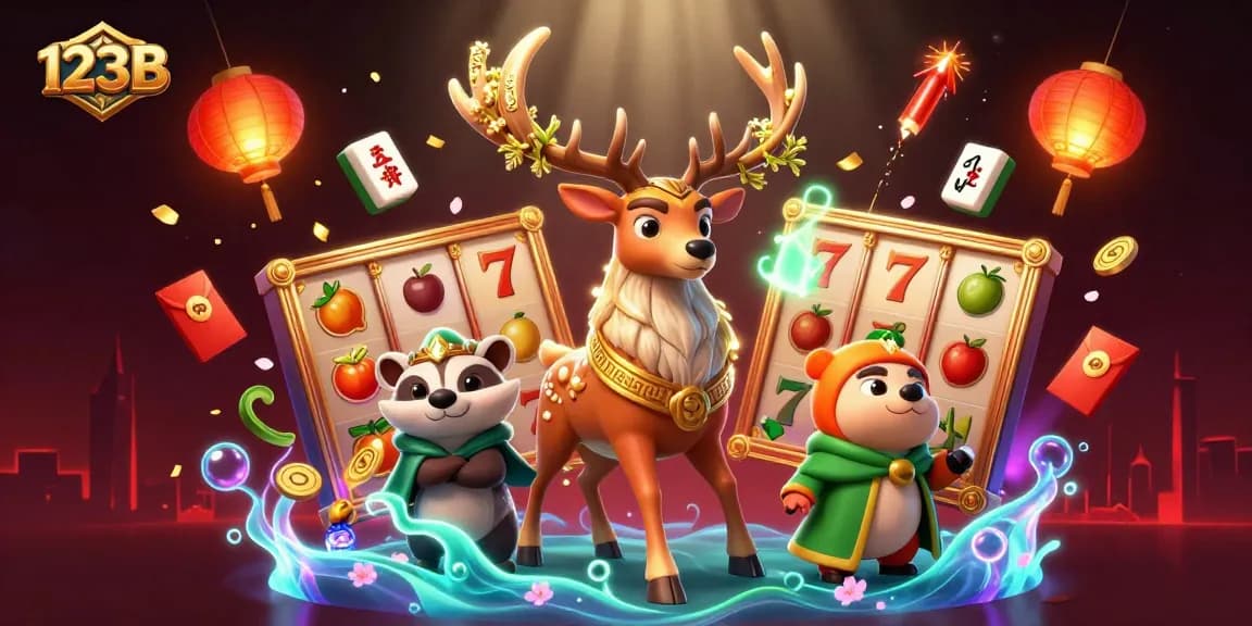 Engage in thrilling gaming at 123B with vibrant slot reels and dynamic casino characters.