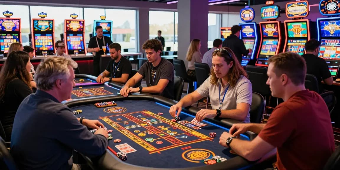 Top Online-Casinos im Vereinigten Königreich: Spieler an einem Roulette-Tisch in einem modernen Casino mit lebhaften Lichtern.