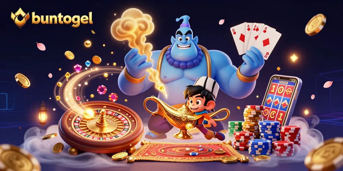 Buntogel players experience exciting wins with vibrant casino elements in a magical scene.