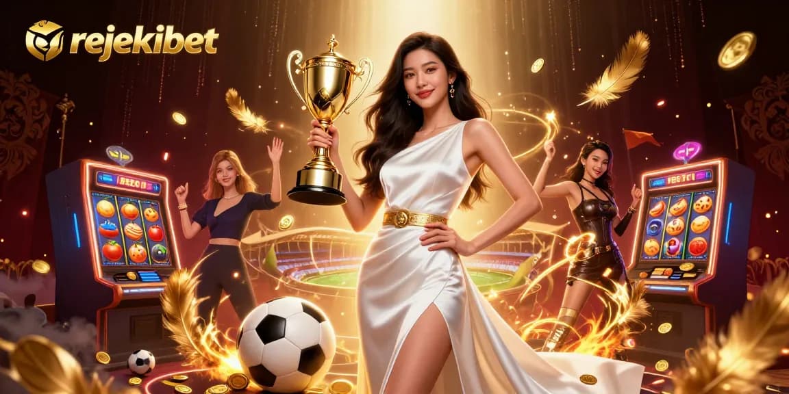 Win big with rejekibet casino slots, featuring a triumphant Asian woman holding a trophy amidst dazzling game elements.