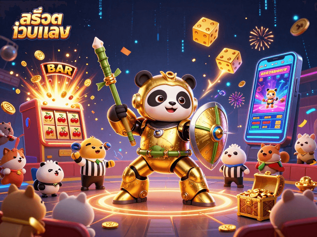 Experience สล็อตเว็บตรง with jackpot excitement, featuring golden panda pilot and dynamic casino elements.