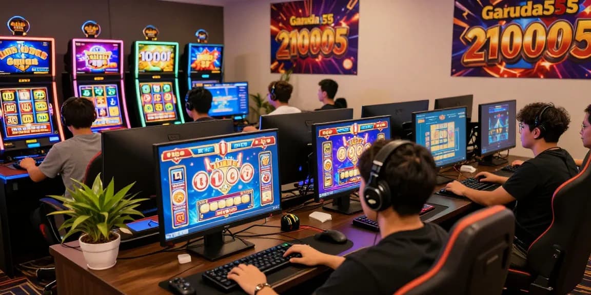 Exciting players engaged in slot games on Garuda55, showcasing vibrant graphics and promotional banners