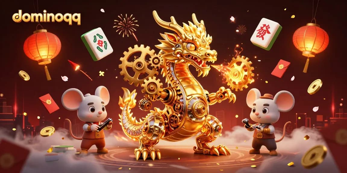 Experience dominoqq adventures with an energetic 3D dragon and vibrant game elements.