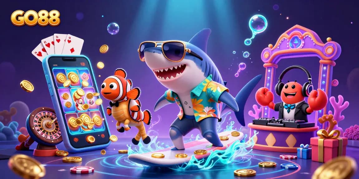Play exciting games at GO88 with dynamic characters in an underwater casino scene.
