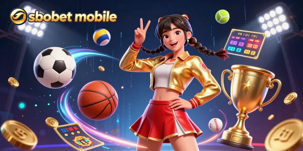 Experience sbobet mobile with vibrant sports betting action featuring a joyful Asian woman and dynamic elements.
