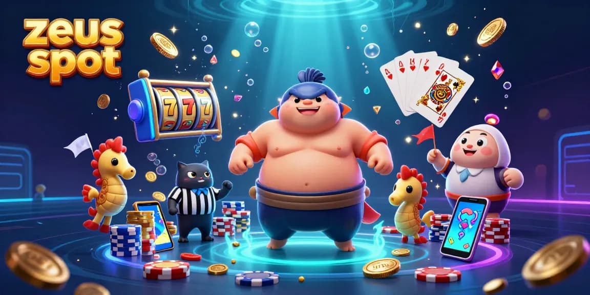 Experience the excitement of zeus slot as vibrant characters play amidst flying coins and glowing gems.
