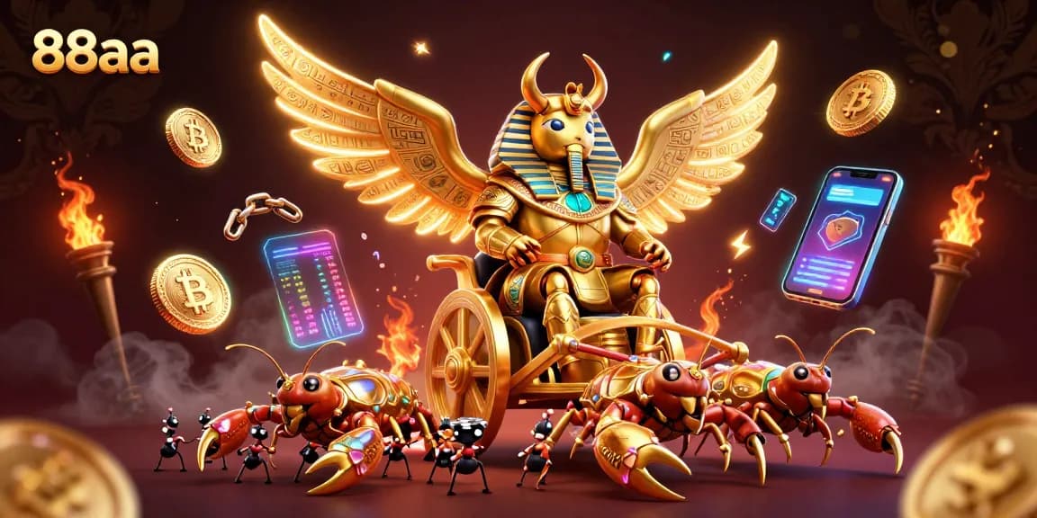 Engage in thrilling games at 88aa casino with golden beetles and scorpions amid vibrant crypto elements.
