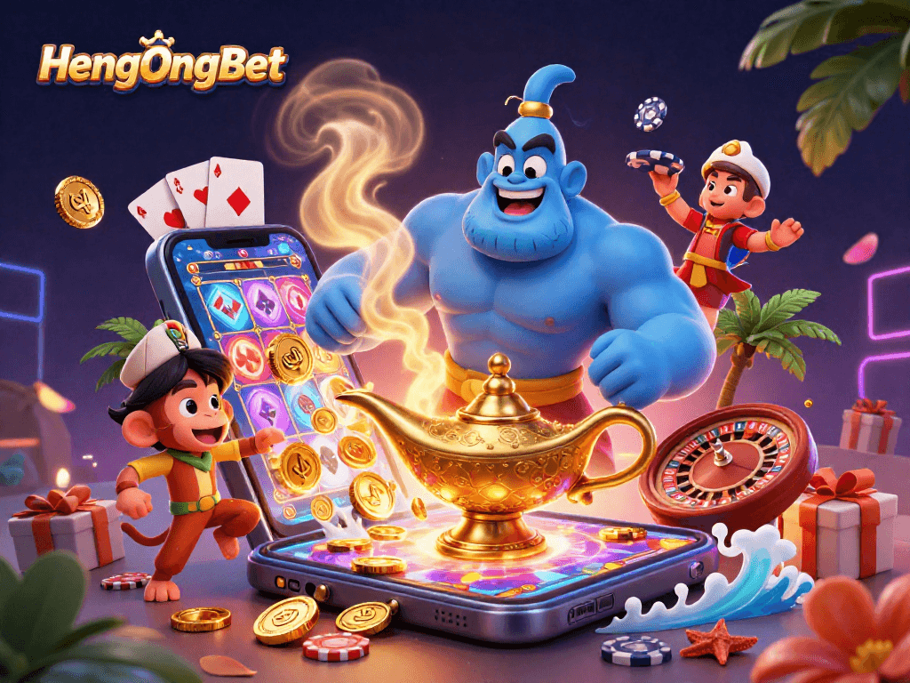 Engage with HengOngBet's vibrant casino scene featuring a genie, monkey, and magical elements.