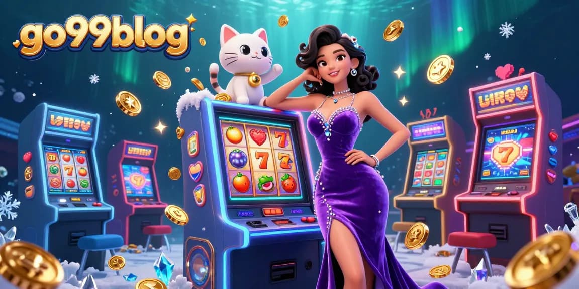 Spin and win big on go99blog, featuring a glamorous woman with a jackpot slot and a waving fortune cat.
