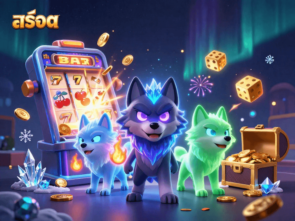 Experience สล็อต action with a thrilling 3D illustration of a shadow wolf pack leader and a jackpot explosion.