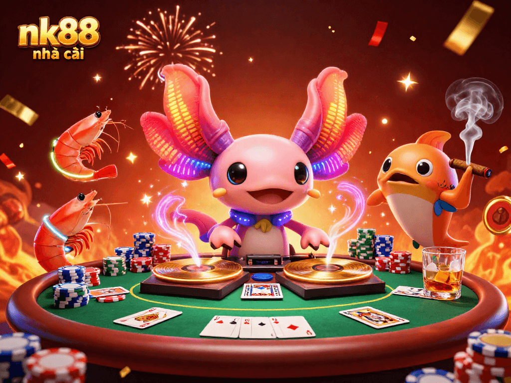 Experience the vibrant energy of nk88 nhà cái with a 3D scene of a DJ and casino elements in 2026.