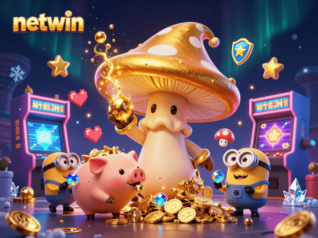 Experience the magic of netwin with a vibrant 3D scene filled with golden treasure and gaming excitement.