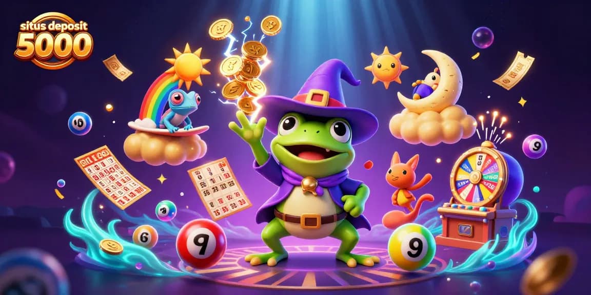 Engage with the thrill of situs deposit 5000 through this dynamic 3D illustration featuring a weather wizard frog and a rainbow chameleon.