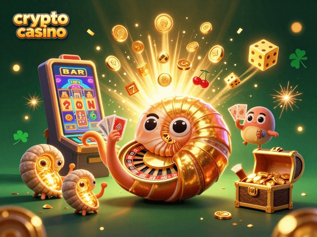 Experience the excitement of a crypto casino scene with a giant nautilus and vibrant game elements.