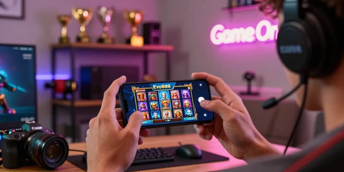 Engaging gamer using the Evo888 APK on smartphone with vibrant graphics in cozy atmosphere.