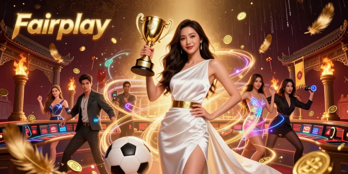 Celebrate winning strategies at Fairplay with a confident Asian woman and sports elements in a vibrant 3D casino scene.